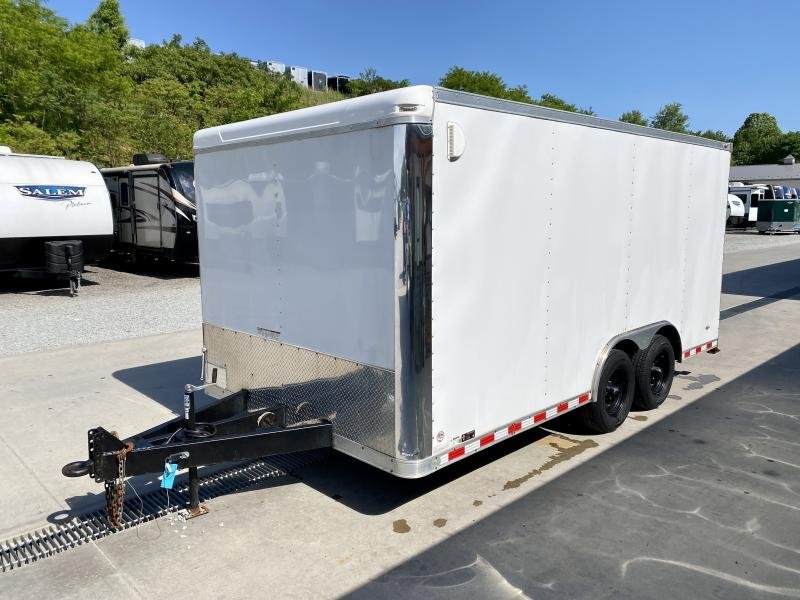 USED 2020 Bravo Trailers 8.5x16 Enclosed Car Hauler 9990 GVW RAMP DOOR 66 INTERIOR WHITE SIDE DOOR ADJUSTABLE COUPLER TRIPLE TUBE TONGUE REAR STAB JACKS x67cm0c6nsab 1