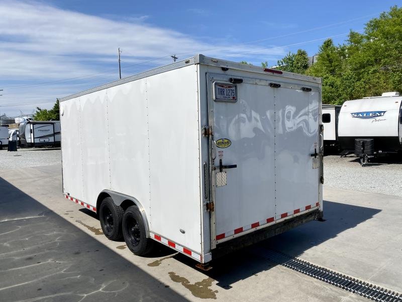 USED 2020 Bravo Trailers 8.5x16 Enclosed Car Hauler 9990 GVW RAMP DOOR 66 INTERIOR WHITE SIDE DOOR ADJUSTABLE COUPLER TRIPLE TUBE TONGUE REAR STAB JACKS x67cm0jx7w68 1